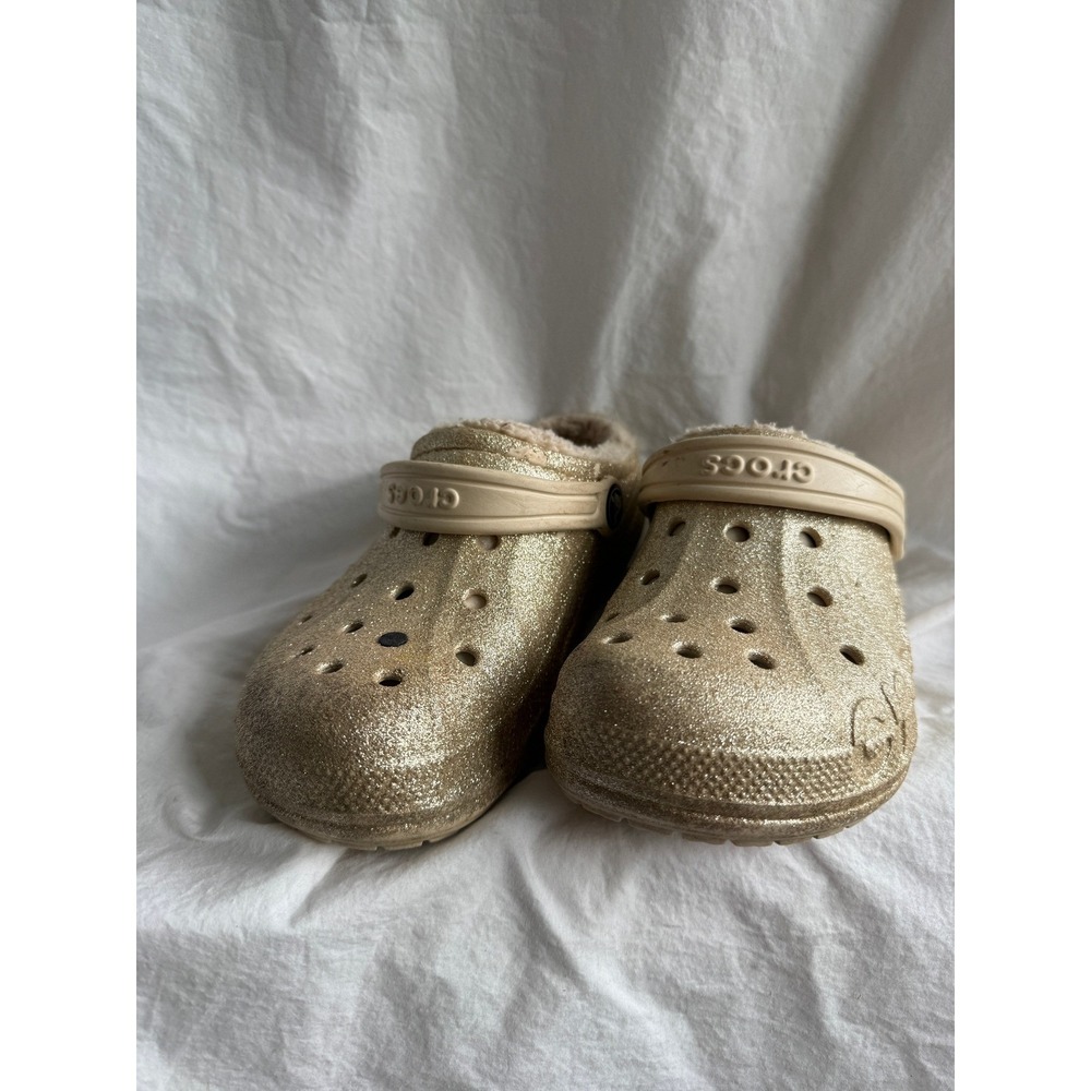 Crocs Classic Lined Gold Glitter Clogs Kids Size J2 Faux Fur Warm Sparkle Shoes